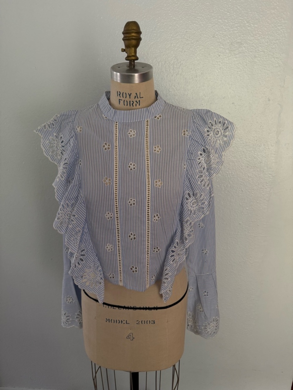 Striped Blue Eyelet Ruffle Blouse - Women's Top